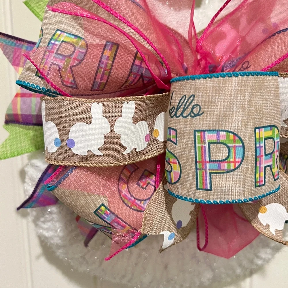 White Fluffy Yarn & Ribbon Bunny Wreath for Easter 19”L #8